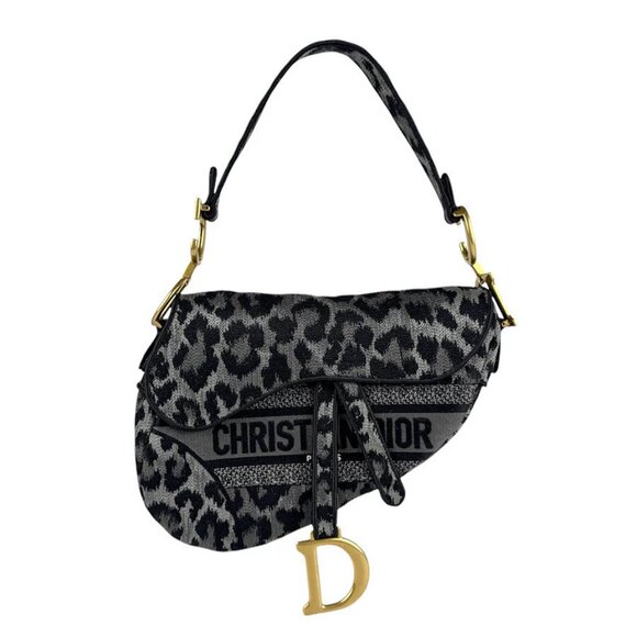 Auth Christian Dior Leopard Saddle Bag Shoulder Bag Gray/Black/Gold Canvas z4044 - Picture 1 of 14